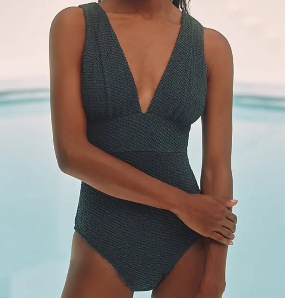 Andie Mykonos Textured Seaweed Deep V One-Piece Swimsuit in Dark Green